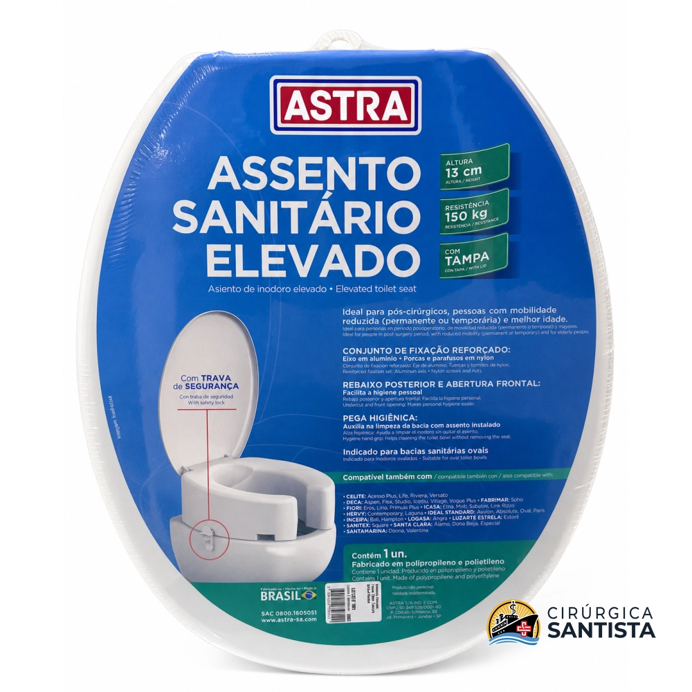 Assento Sanitário Elevado Com Tampa E Trava 13cm - Astra